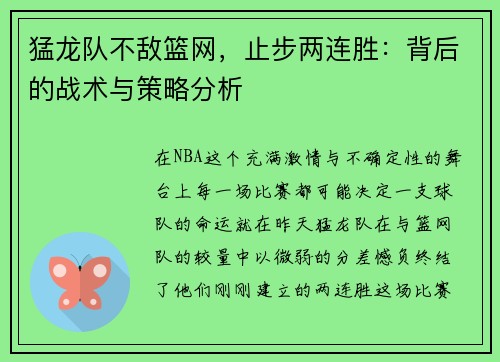猛龙队不敌篮网，止步两连胜：背后的战术与策略分析