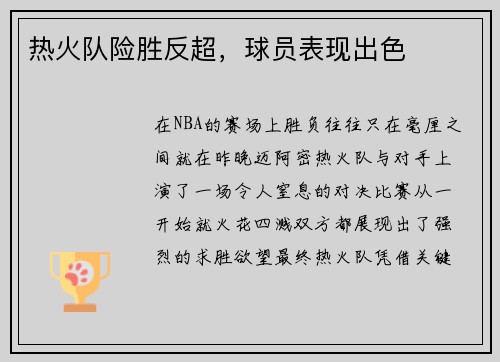 热火队险胜反超，球员表现出色
